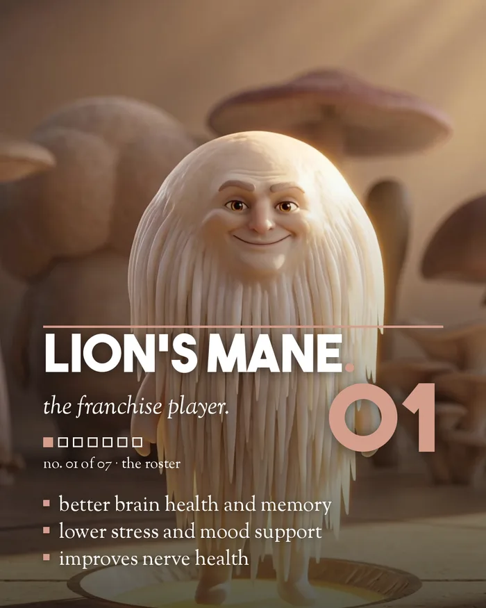 Lion’s Mane mushroom character player card, 4:5 format