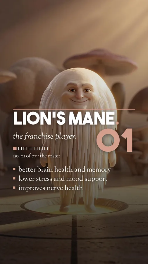 Lion’s Mane mushroom character player card, 9:16 format