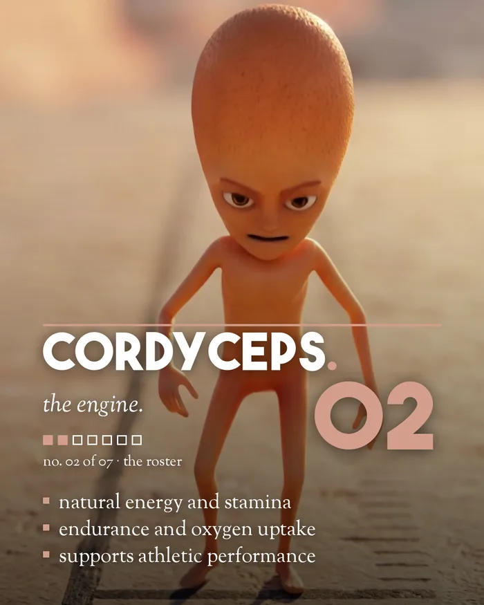 Cordyceps mushroom character player card, 4:5 format