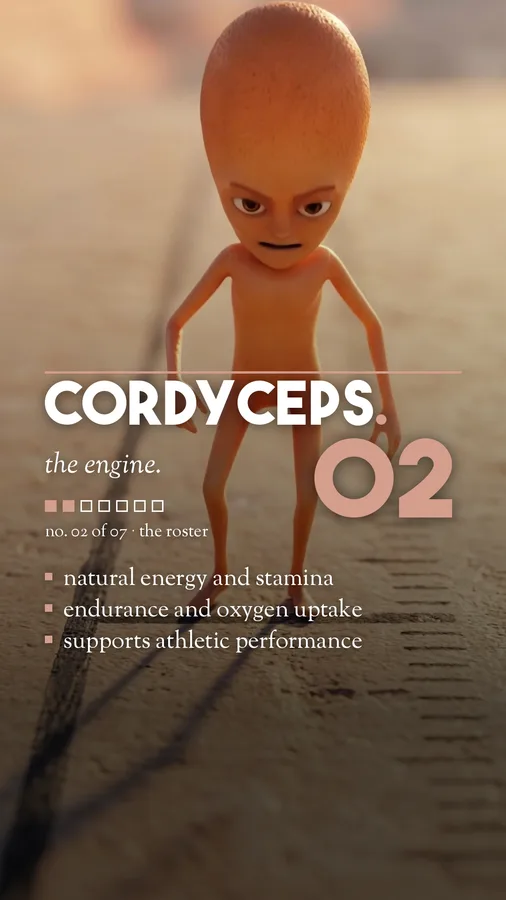 Cordyceps mushroom character player card, 9:16 format