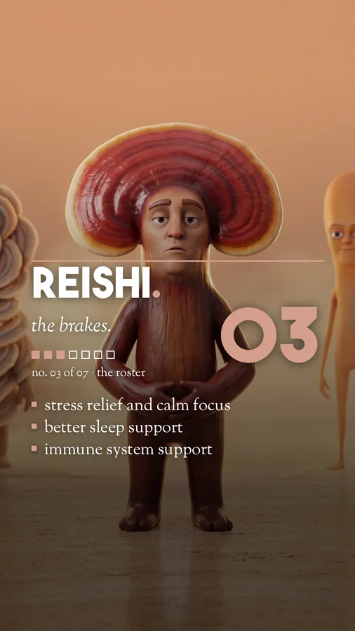 Reishi mushroom character player card, 9:16 format