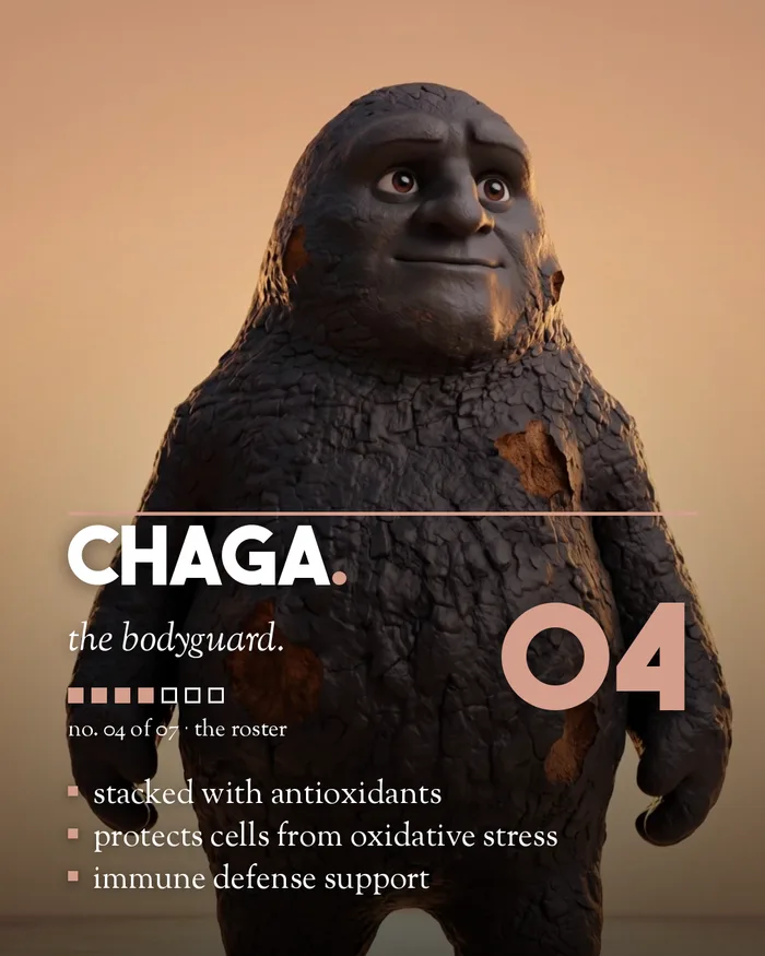 Chaga mushroom character player card, 4:5 format