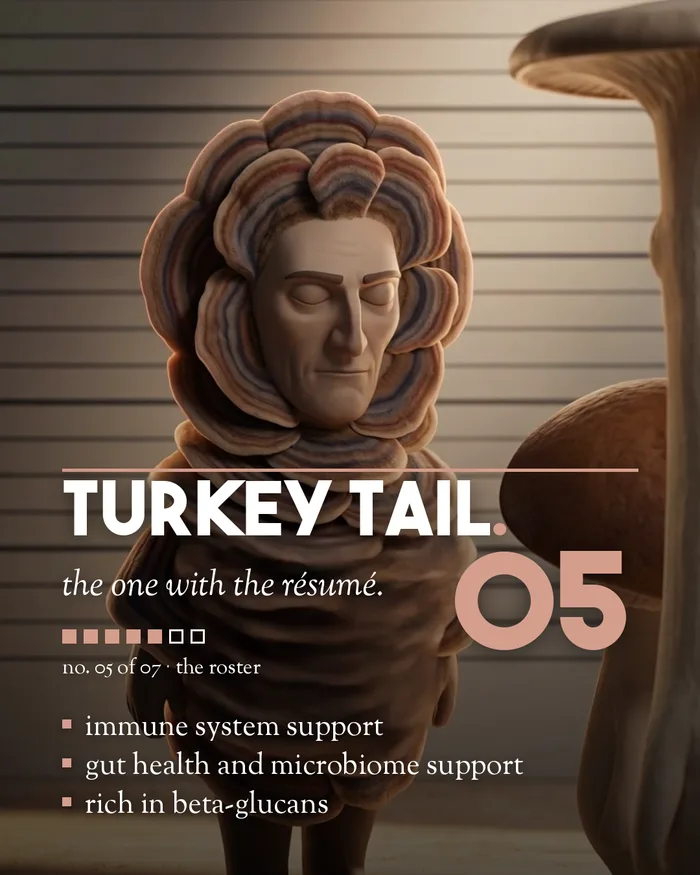 Turkey Tail mushroom character player card, 4:5 format