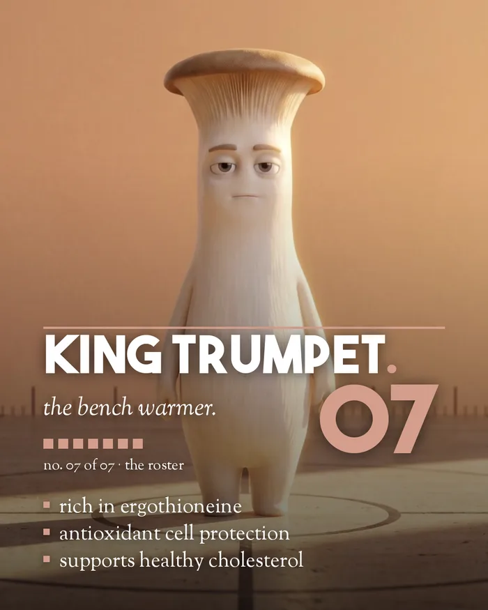 King Trumpet mushroom character player card, 4:5 format