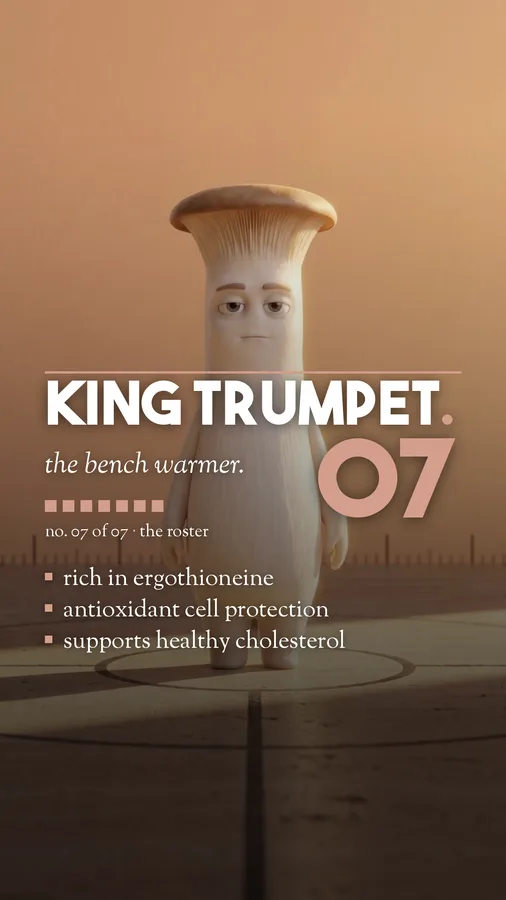 King Trumpet mushroom character player card, 9:16 format